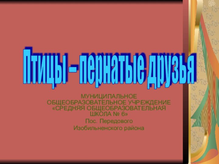 МУНИЦИПАЛЬНОЕ ОБЩЕОБРАЗОВАТЕЛЬНОЕ УЧРЕЖДЕНИЕ «СРЕДНЯЯ ОБЩЕОБРАЗОВАТЕЛЬНАЯ ШКОЛА № 6»Пос. ПередовогоИзобильненского районаПтицы – пернатые друзья