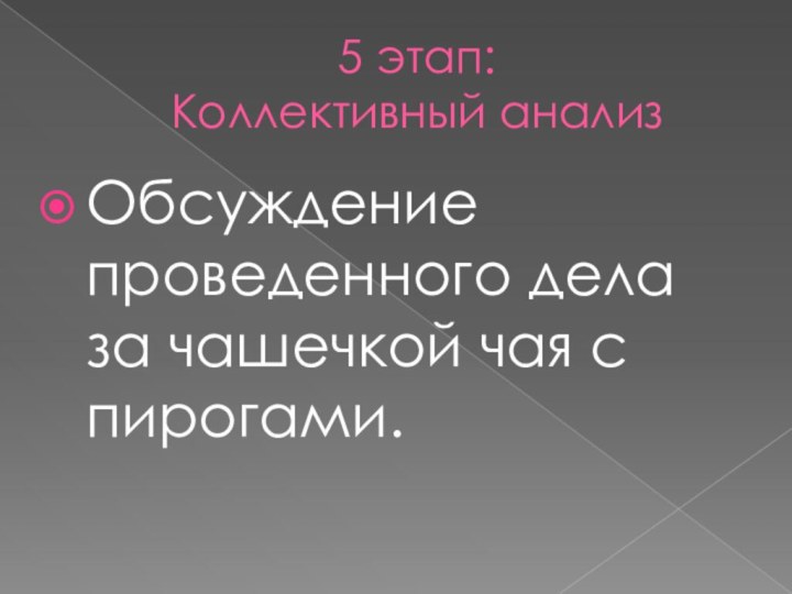 5 этап: Коллективный анализОбсуждение проведенного дела за чашечкой чая с пирогами.