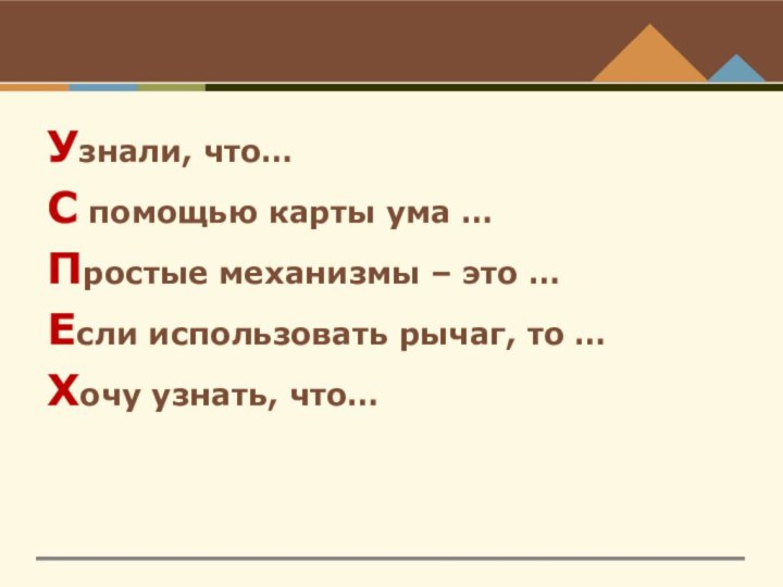 Узнали, что…С помощью карты ума …Простые механизмы – это …Если использовать рычаг, то …Хочу узнать, что…