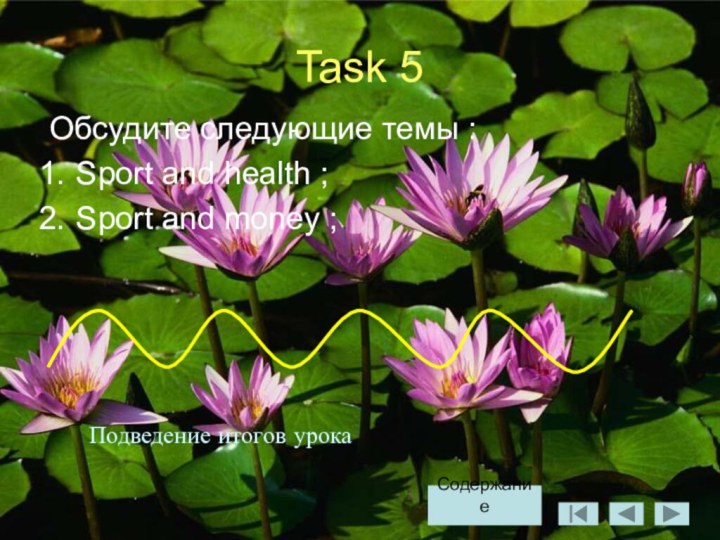 Task 5Обсудите следующие темы :Sport and health ;Sport and money ;Подведение итогов урокаСодержание