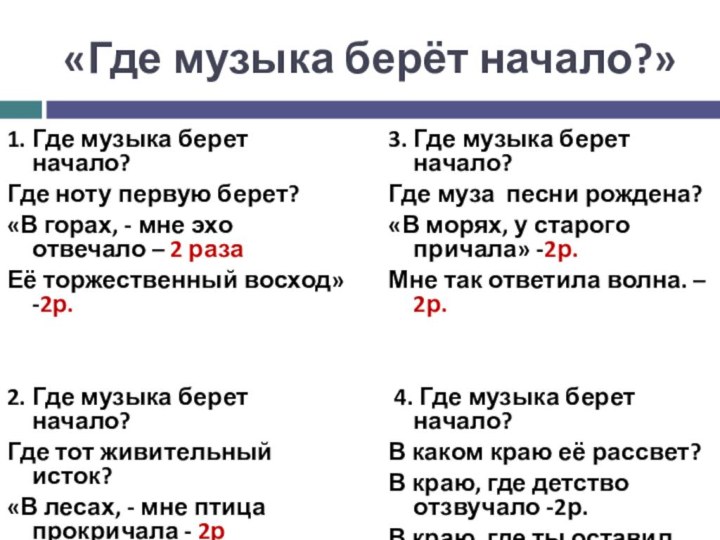 «Где музыка берёт начало?»1. Где музыка берет начало?Где ноту первую берет?«В горах,