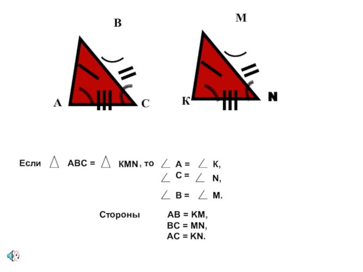 АВСКМNАВС = КМN Если, то А =К, СВ== N,M.Стороны