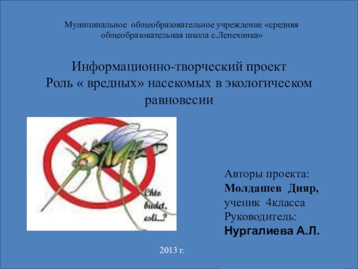 Информационно-творческий проект Роль « вредных» насекомых в экологическом равновесии Авторы проекта:Молдашев Дияр,ученик