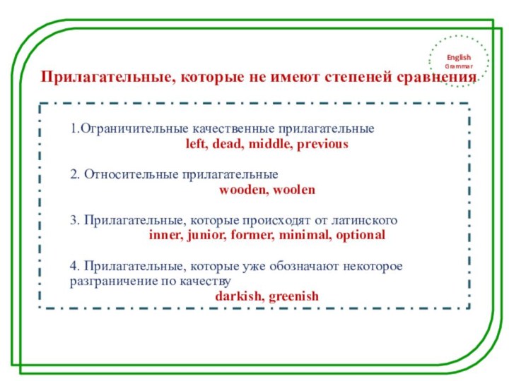 EnglishGrammar1.Ограничительные качественные прилагательныеleft, dead, middle, previous 2. Относительные прилагательныеwooden, woolen3. Прилагательные, которые