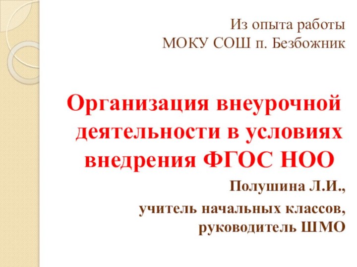 Из опыта работы  МОКУ СОШ п. Безбожник Организация внеурочной деятельности в