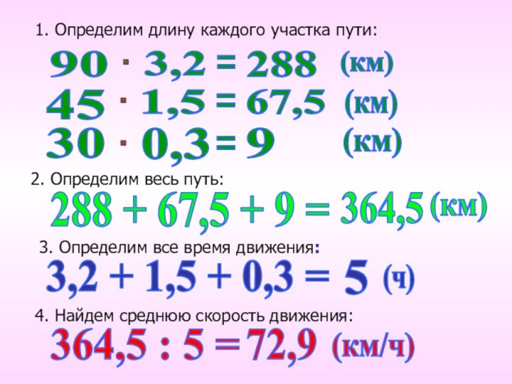 3. Определим все время движения:2. Определим весь путь: 288 + 67,5 +