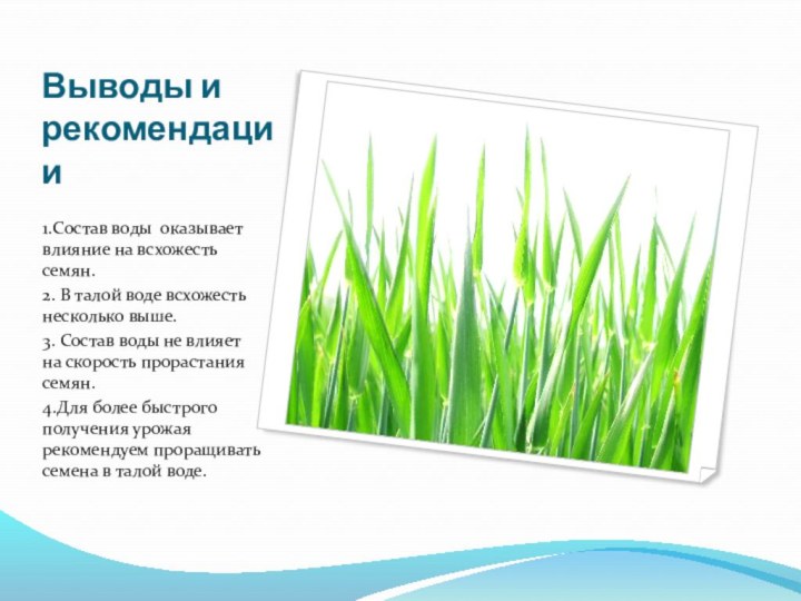 Выводы и рекомендации1.Состав воды оказывает влияние на всхожесть семян.2. В талой воде