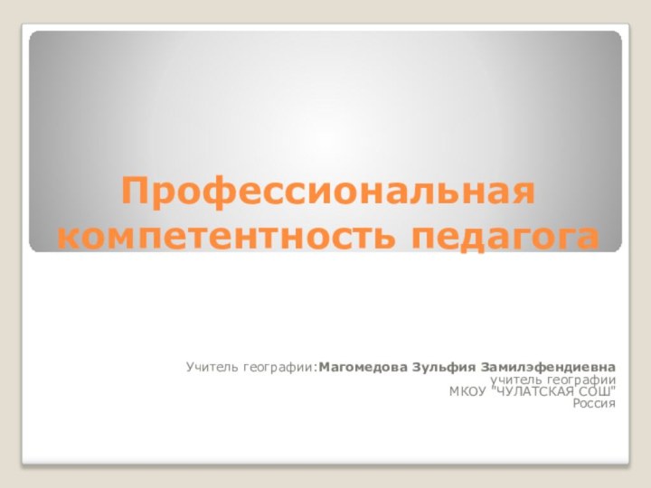 Профессиональная компетентность педагогаУчитель географии:Магомедова Зульфия Замилэфендиевнаучитель географииМКОУ 