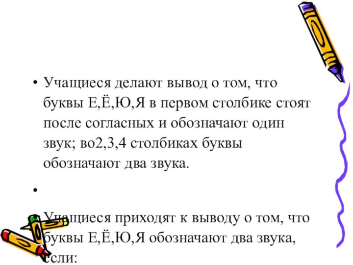 Учащиеся делают вывод о том, что буквы Е,Ё,Ю,Я в первом столбике стоят