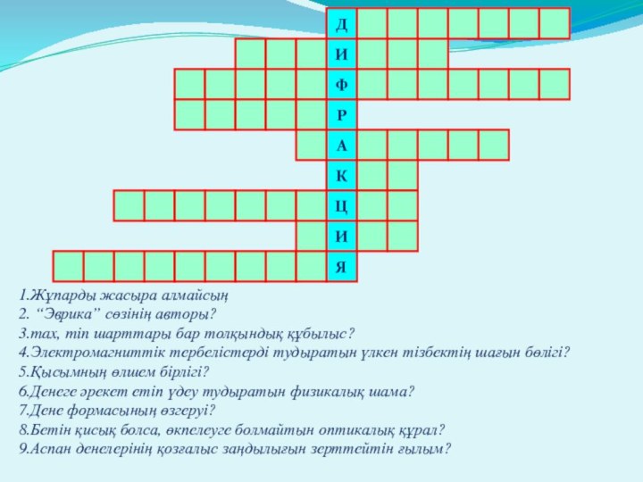 ДИФРАКЦИЯ1.Жұпарды жасыра алмайсың2. “Эврика” сөзінің авторы?3.max, min шарттары бар толқындық құбылыс?4.Электромагниттік тербелістерді