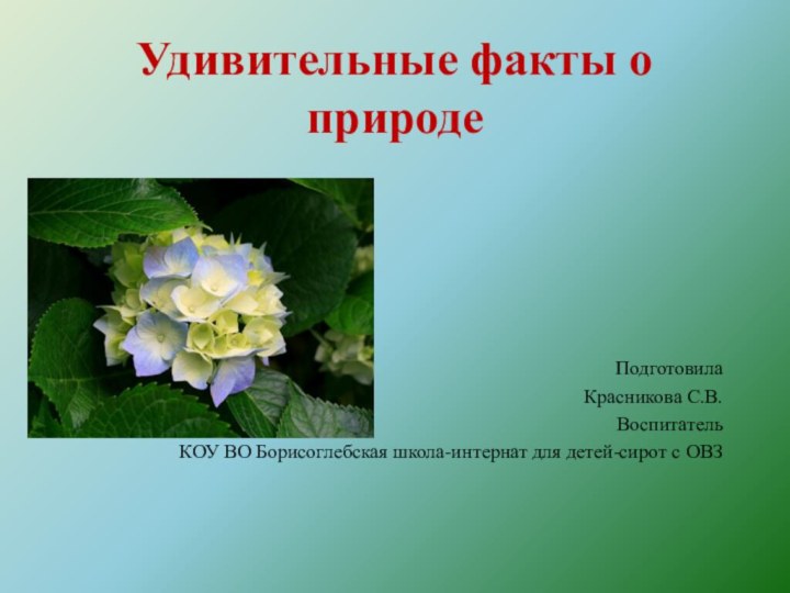 Удивительные факты о природеПодготовилаКрасникова С.В.Воспитатель КОУ ВО Борисоглебская школа-интернат для детей-сирот с ОВЗ