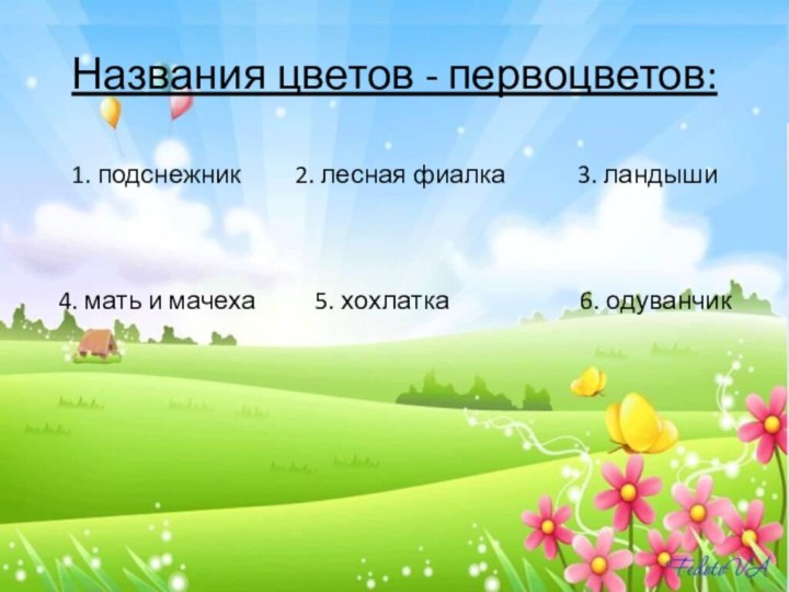 Названия цветов - первоцветов:  1. подснежник     2.