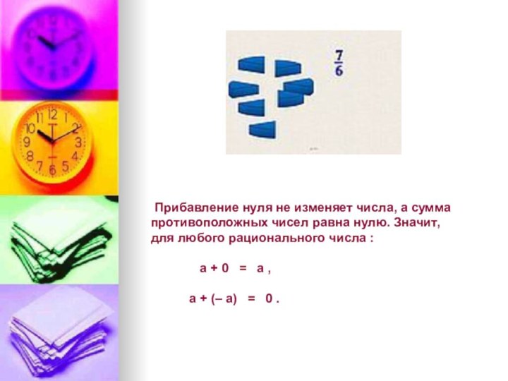  Прибавление нуля не изменяет числа, а сумма противоположных чисел равна нулю. Значит,