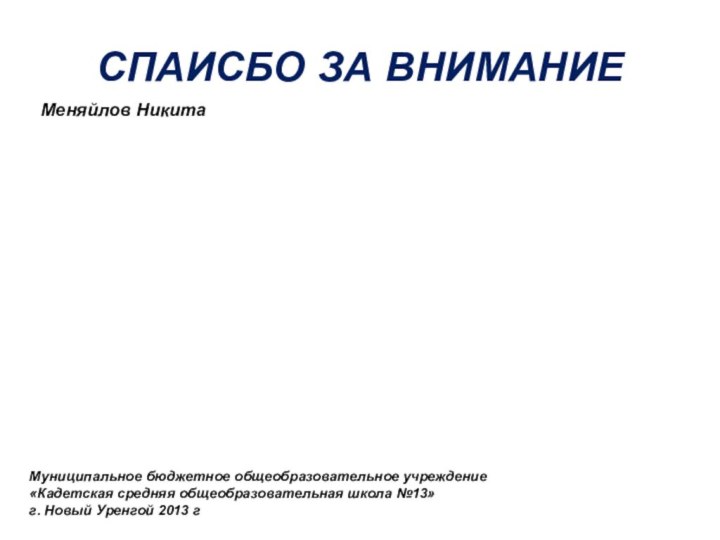 СПАИСБО ЗА ВНИМАНИЕМуниципальное бюджетное общеобразовательное учреждение «Кадетская средняя общеобразовательная школа №13»г. Новый Уренгой 2013 гМеняйлов Никита