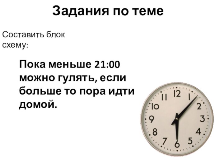 Задания по темеПока меньше 21:00 можно гулять, если больше то пора идти домой.Составить блок схему: