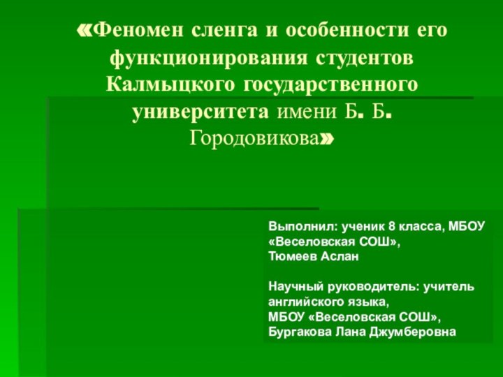 «Феномен сленга и особенности его функционирования студентов Калмыцкого государственного университета имени Б.