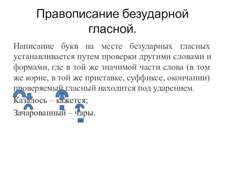 Правописание безударной гласной.Написание букв на месте безударных гласных устанавливается путем проверки другими