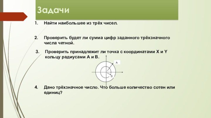 ЗадачиНайти наибольшее из трёх чисел.Проверить будет ли сумма цифр заданного трёхзначного числа