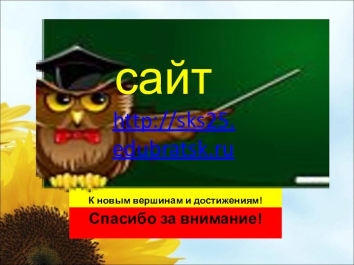 К новым вершинам и достижениям!Спасибо за внимание! сайт http://sks25.edubratsk.ru