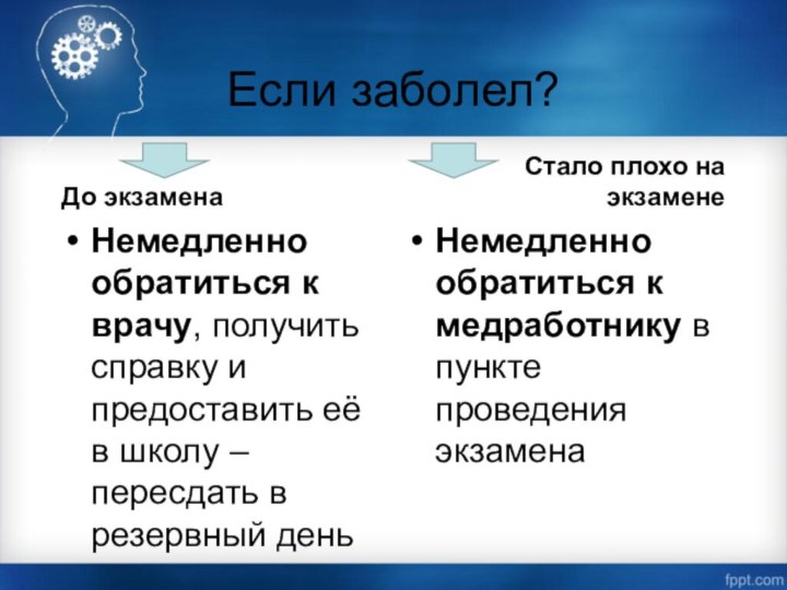 Если заболел?До экзаменаНемедленно обратиться к врачу, получить справку и предоставить её в