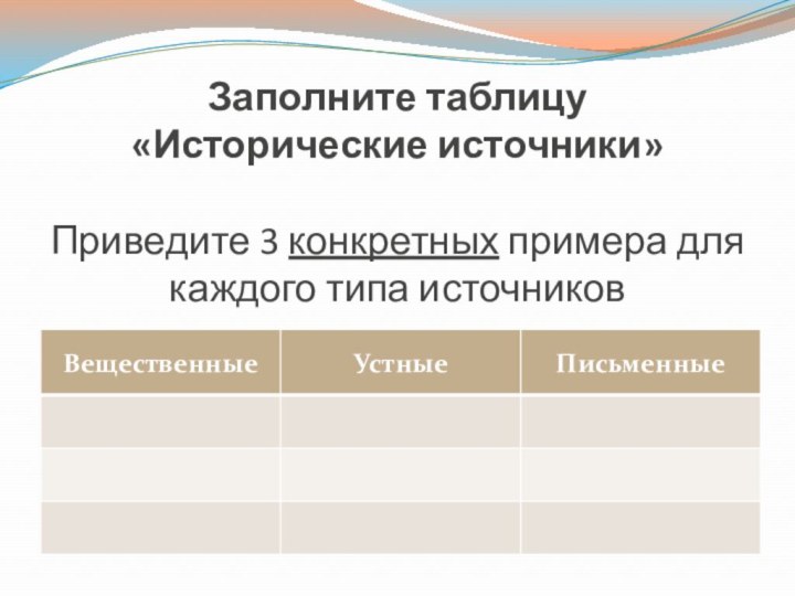 Заполните таблицу «Исторические источники»  Приведите 3 конкретных примера для каждого типа источников