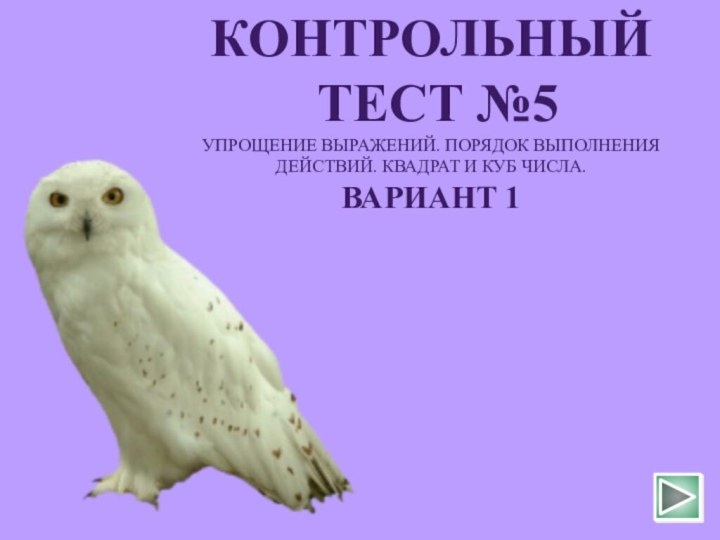 КОНТРОЛЬНЫЙ ТЕСТ №5УПРОЩЕНИЕ ВЫРАЖЕНИЙ. ПОРЯДОК ВЫПОЛНЕНИЯ ДЕЙСТВИЙ. КВАДРАТ И КУБ ЧИСЛА.ВАРИАНТ 1