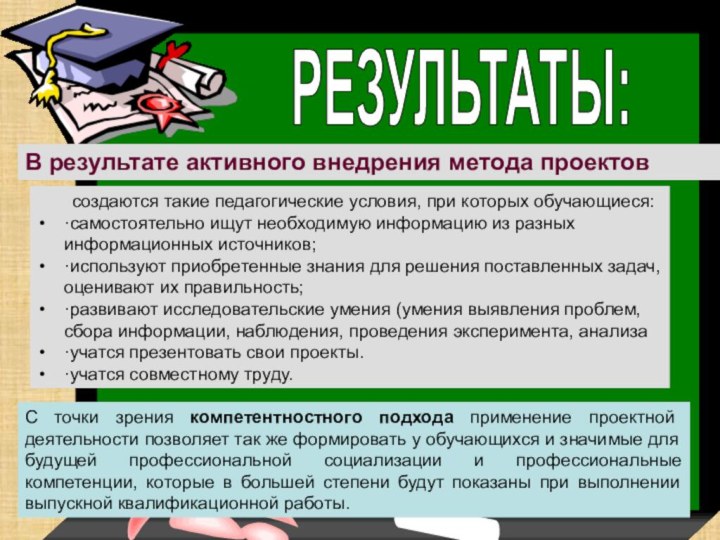 РЕЗУЛЬТАТЫ:В результате активного внедрения метода проектов создаются такие педагогические условия, при которых