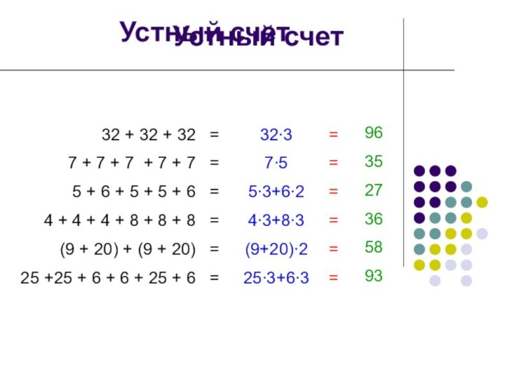 Устный счетУстный счет32 + 32 + 32 7 + 7 + 7