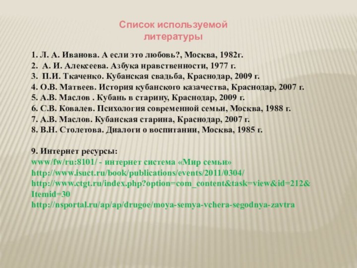 Список используемой литературы1. Л. А. Иванова. А если это любовь?, Москва, 1982г.2.
