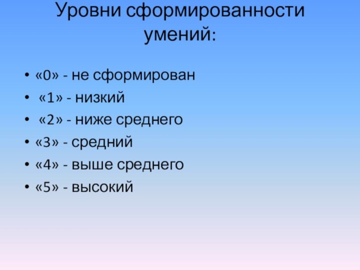 Уровни сформированности умений:  «0» - не сформирован   «1» -