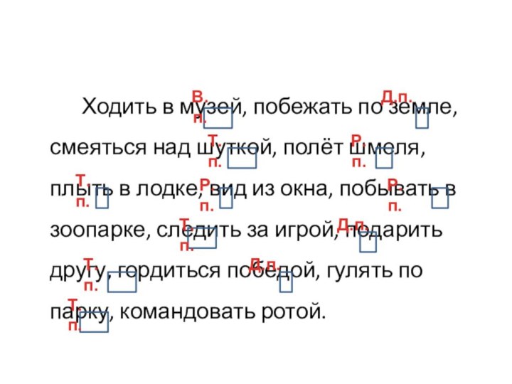 Ходить в музей, побежать по земле, смеяться над шуткой, полёт шмеля, плыть