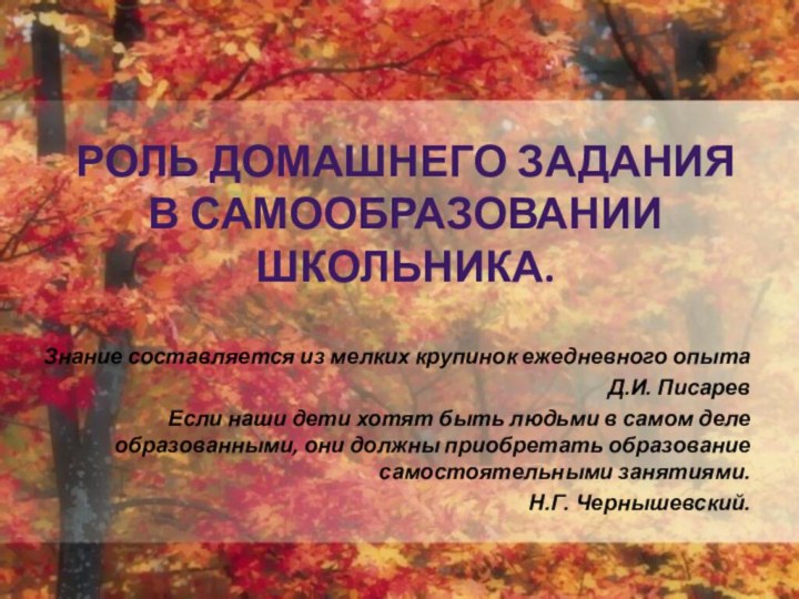 РОЛЬ ДОМАШНЕГО ЗАДАНИЯ В САМООБРАЗОВАНИИ ШКОЛЬНИКА.Знание составляется из мелких крупинок ежедневного опыта