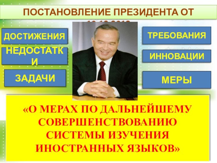 «О МЕРАХ ПО ДАЛЬНЕЙШЕМУ СОВЕРШЕНСТВОВАНИЮ СИСТЕМЫ ИЗУЧЕНИЯ ИНОСТРАННЫХ ЯЗЫКОВ»ПОСТАНОВЛЕНИЕ ПРЕЗИДЕНТА ОТ 10.12.2012ДОСТИЖЕНИЯНЕДОСТАТКИТРЕБОВАНИЯИННОВАЦИИЗАДАЧИМЕРЫ