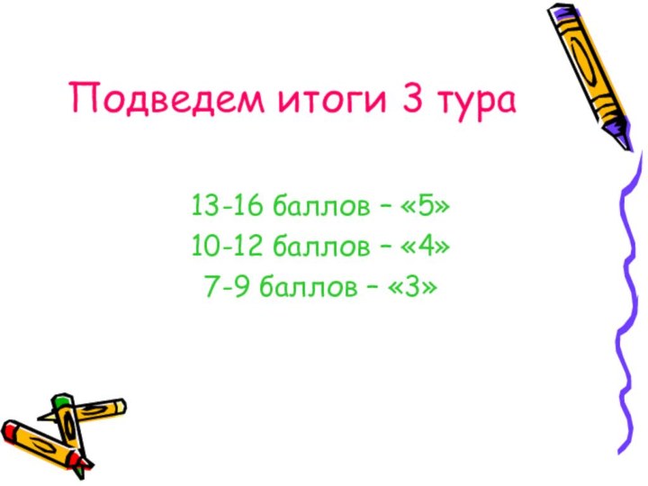 Подведем итоги 3 тура13-16 баллов – «5»10-12 баллов – «4»7-9 баллов – «3»