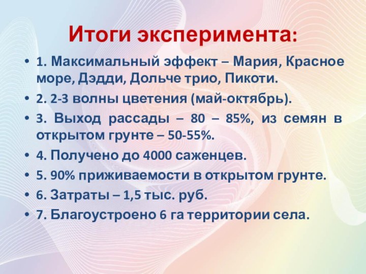 Итоги эксперимента:1. Максимальный эффект – Мария, Красное море, Дэдди, Дольче трио, Пикоти.2.