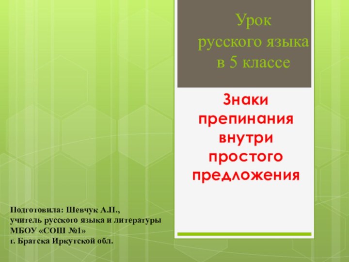 Знаки препинания внутри простого предложения Урок русского языка в 5 классеПодготовила: Шевчук