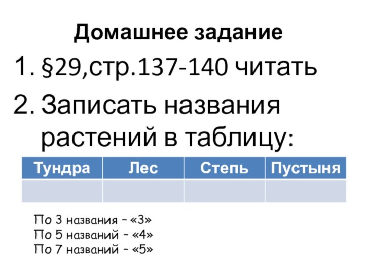 Домашнее задание§29,стр.137-140 читатьЗаписать названия растений в таблицу:По 3 названия – «3»По 5