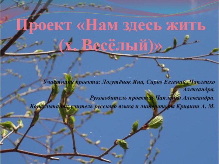 Проект «Нам здесь жить (х. Весёлый)»Участники проекта: Логутёнок Яна, Сирко Евгений ,Чапленко