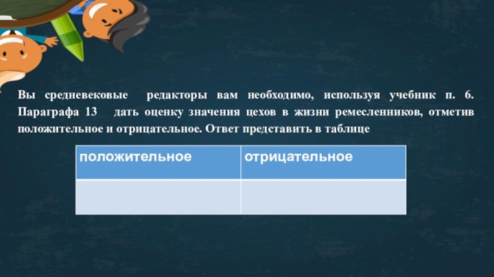 Вы средневековые редакторы вам необходимо, используя учебник п. 6. Параграфа 13