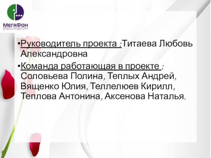 Руководитель проекта :Титаева Любовь АлександровнаКоманда работающая в проекте : Соловьева Полина, Теплых