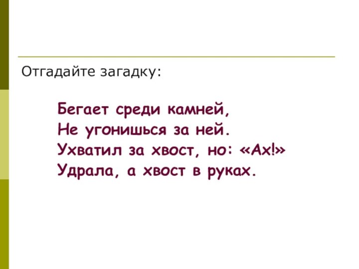 Отгадайте загадку:		Бегает среди камней,		Не угонишься за ней.		Ухватил за хвост, но: «Ах!»		Удрала, а хвост в руках.