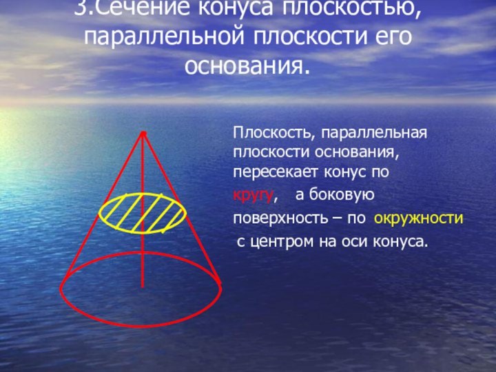 3.Сечение конуса плоскостью, параллельной плоскости его основания. Плоскость, параллельная плоскости основания, пересекает