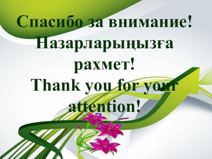 Спасибо за внимание! Назарларыңызға рахмет! Thank you for your attention!