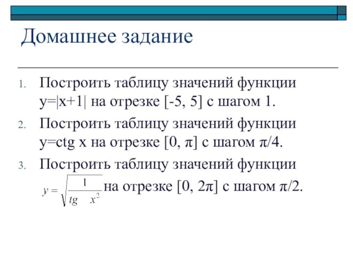 Домашнее заданиеПостроить таблицу значений функции y=|x+1| на отрезке [-5, 5] с шагом