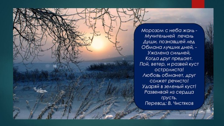 Морозом с неба жаль -Мучительней печальДуши, познавшей лед  Обмана лучших дней,