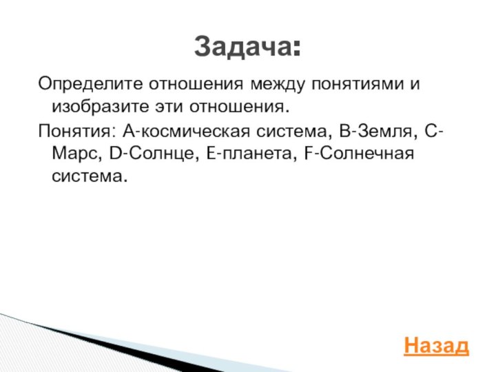 Определите отношения между понятиями и изобразите эти отношения. Понятия: А-космическая система, В-Земля,