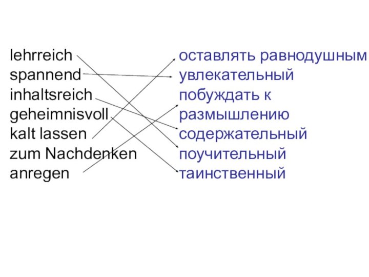 lehrreich spannend inhaltsreich geheimnisvoll kalt lassen zum Nachdenken anregenоставлять равнодушнымувлекательныйпобуждать к размышлениюсодержательныйпоучительныйтаинственный