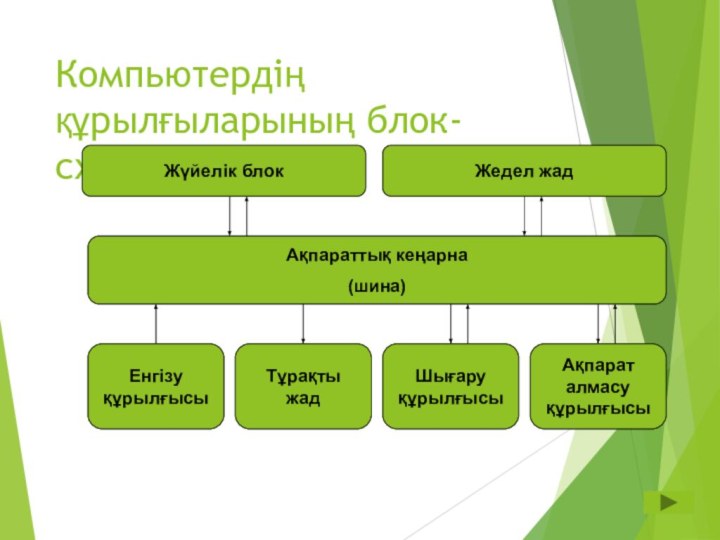 Компьютердің құрылғыларының блок-схемасыЖүйелік блокЖедел жадАқпараттық кеңарна(шина)Енгізу құрылғысыАқпарат алмасу құрылғысыТұрақты жадШығару құрылғысы