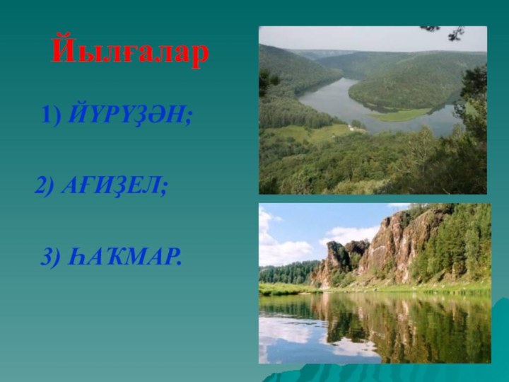 1) ЙҮРҮҘӘН;  2) АҒИҘЕЛ;  3) ҺАҠМАР.Йылғалар