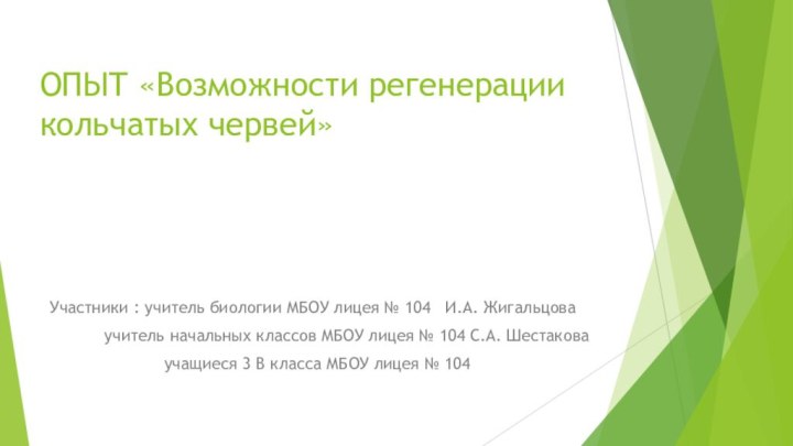 ОПЫТ «Возможности регенерации кольчатых червей»Участники : учитель биологии МБОУ лицея № 104